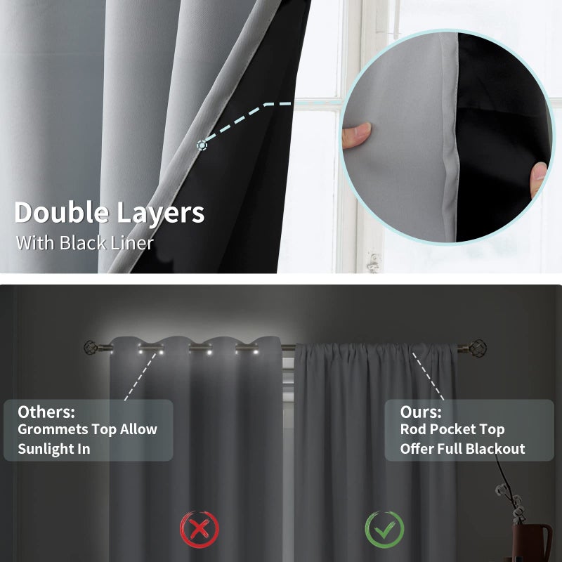 BGment Thermal Insulated 100% Blackout Curtains for Bedroom with Black Liner, Double Layer Full Room Darkening Noise Reducing Rod Pocket Curtain (52 x 84 Inch, Light Grey, 2 Panels) - Image 5